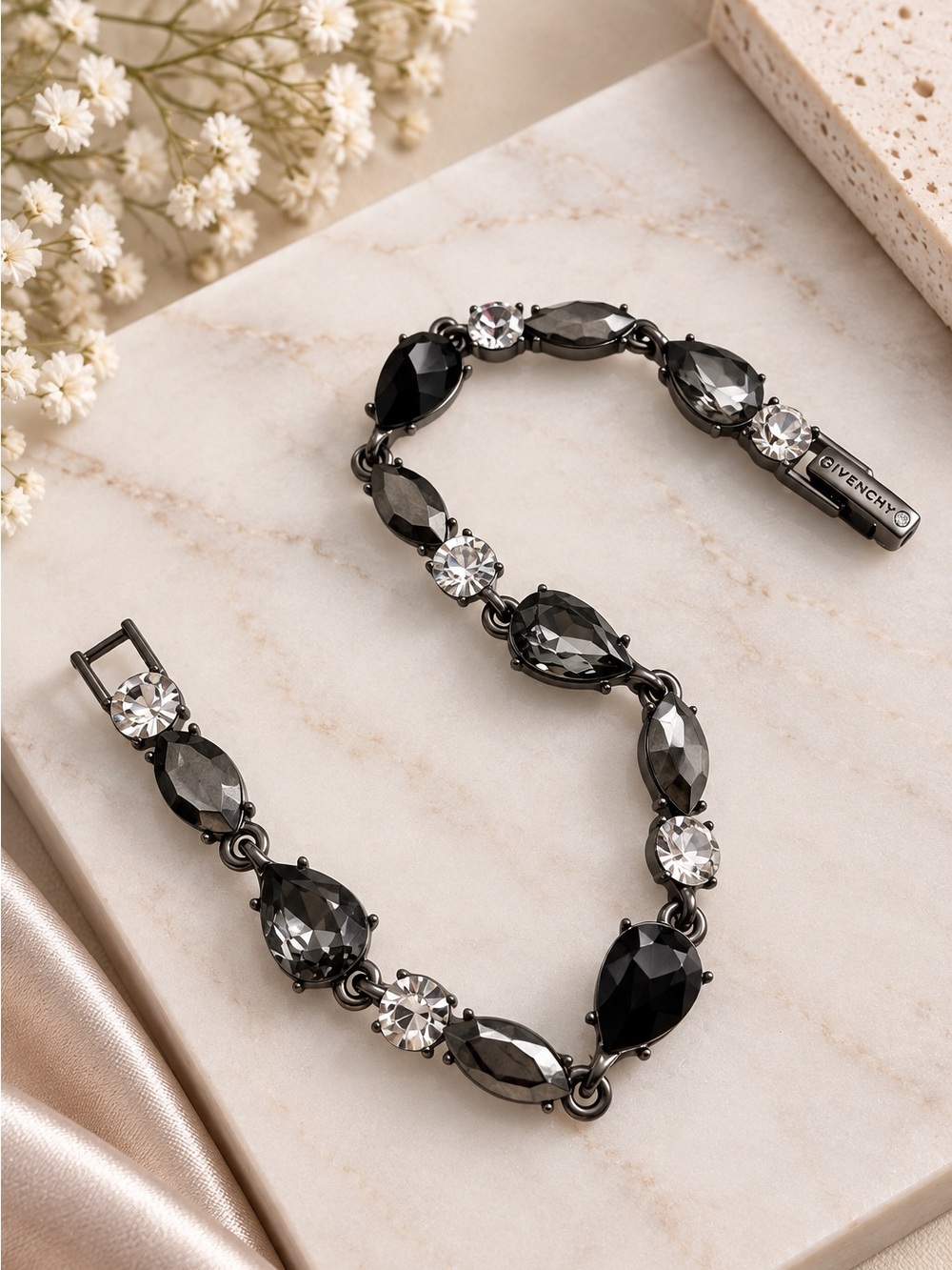 Givenchy Gunmetal Crystal Link Bracelet Black Gray Faceted Stones - Picture 4 of 5